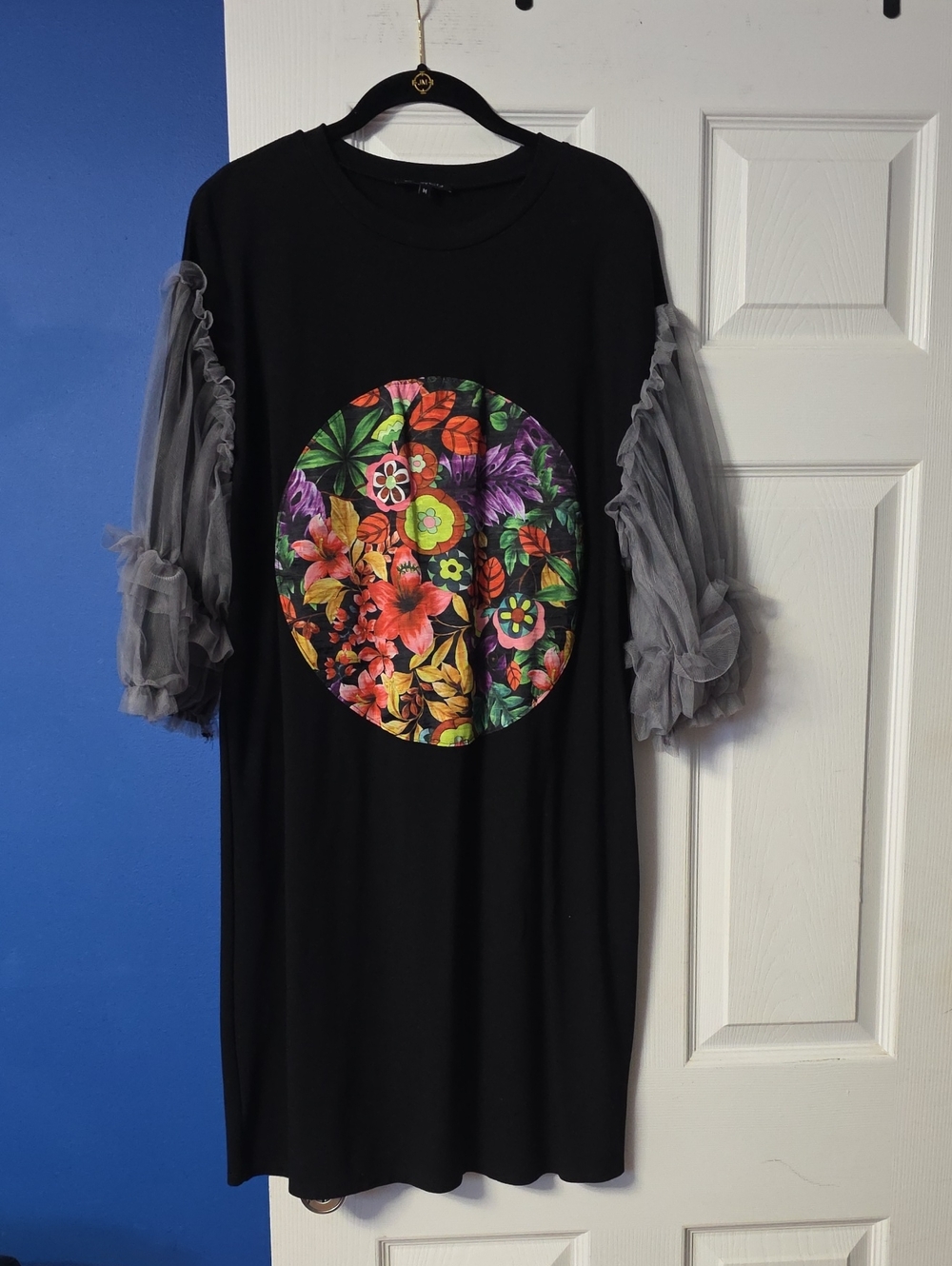 Black Dress with Floral Circle Print and Gray Tulle Sleeves